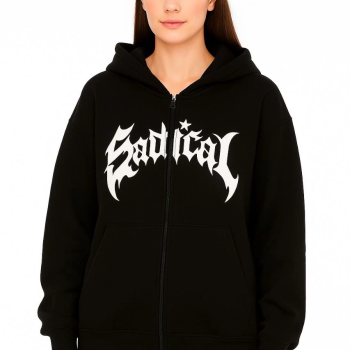 Oversize Kapüşonlu Sweatshirt  Hoodie 3 İplik Şardonlu Pamuklu Kumaş, Önü Baskılı, Fermuarlı Rahat Kalıp, Kışlık ve Sokak Stili Sweat - Siyah