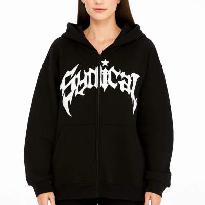 Oversize Kapüşonlu Sweatshirt  Hoodie 3 İplik Şardonlu Pamuklu Kumaş, Önü Baskılı, Fermuarlı Rahat Kalıp, Kışlık ve Sokak Stili Sweat - Siyah