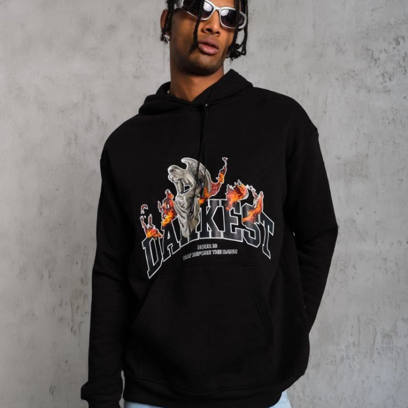 Oversize Kapüşonlu Sweatshirt – Siyah Renk Üç İplik İçi Pamuklu Kanguru Cepli Baskılı Hoodie Rahat Kalıp Kışlık Günlük Kombinlere Uygun - Siyah -