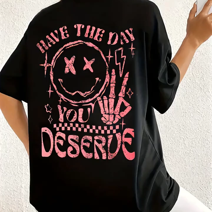 Oversize   Karikatür Baskılı Yuvarlak Yaka Düşük Omuz Kısa Kollu Tişört Büyük Beden- Siyah -