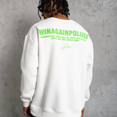 Oversize Sweatshirt – Beyaz Renk | Ön ve Sırt Baskılı, Üç İplik İçi Pamuklu Kumaş, Rahat Kalıp, Ribanalı Kışlık Sweat | Winagain Polizei Serisi - Beyaz