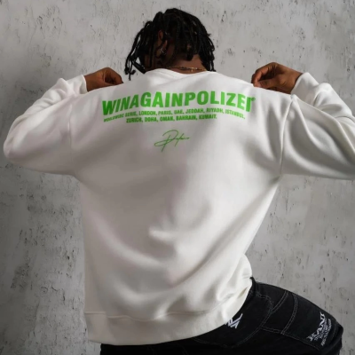 Oversize Sweatshirt – Beyaz Renk | Ön ve Sırt Baskılı, Üç İplik İçi Pamuklu Kumaş, Rahat Kalıp, Ribanalı Kışlık Sweat | Winagain Polizei Serisi - Beyaz