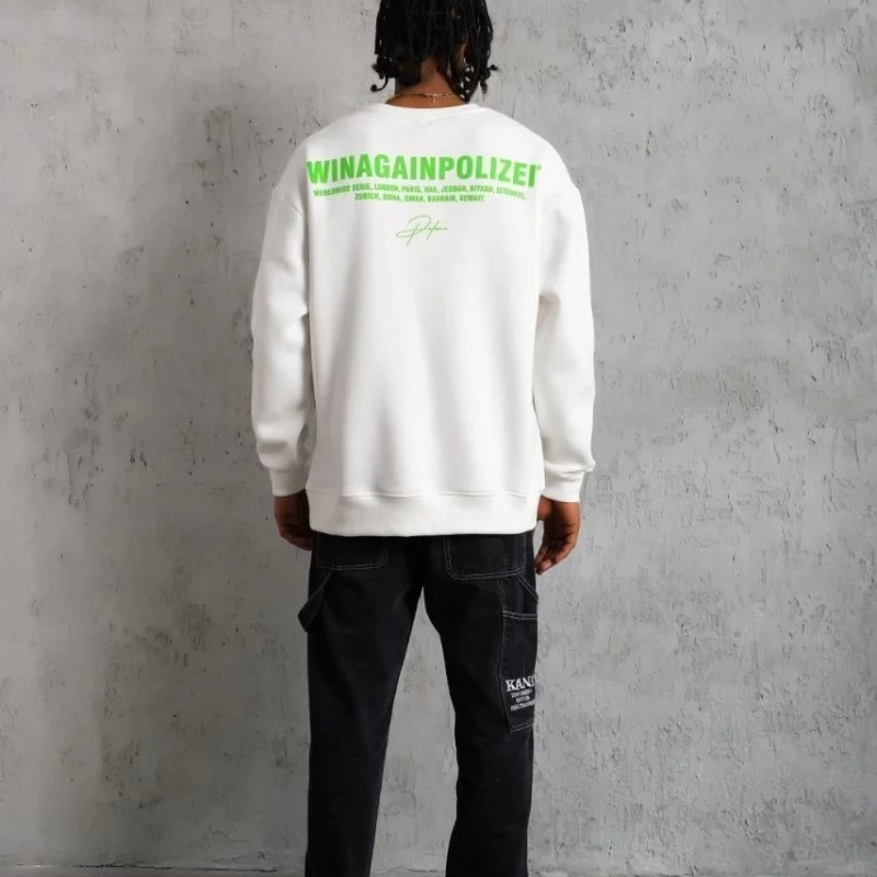 Oversize Sweatshirt – Beyaz Renk | Ön ve Sırt Baskılı, Üç İplik İçi Pamuklu Kumaş, Rahat Kalıp, Ribanalı Kışlık Sweat | Winagain Polizei Serisi - Beyaz