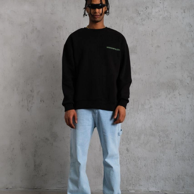 Oversize Sweatshirt – Siyah Renk | Ön ve Sırt Baskılı, Üç İplik İçi Pamuklu Kumaş, Rahat Kalıp, Ribanalı Kışlık Sweat | Winagain Polizei Serisi - Siyah