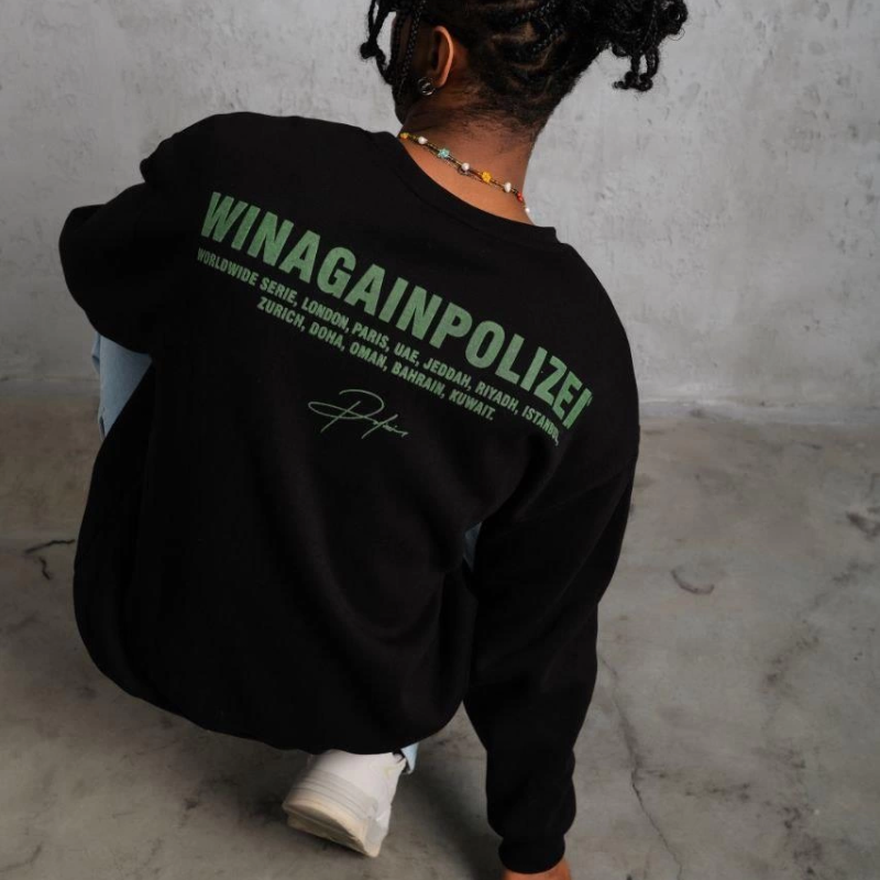 Oversize Sweatshirt – Siyah Renk | Ön ve Sırt Baskılı, Üç İplik İçi Pamuklu Kumaş, Rahat Kalıp, Ribanalı Kışlık Sweat | Winagain Polizei Serisi - Siyah