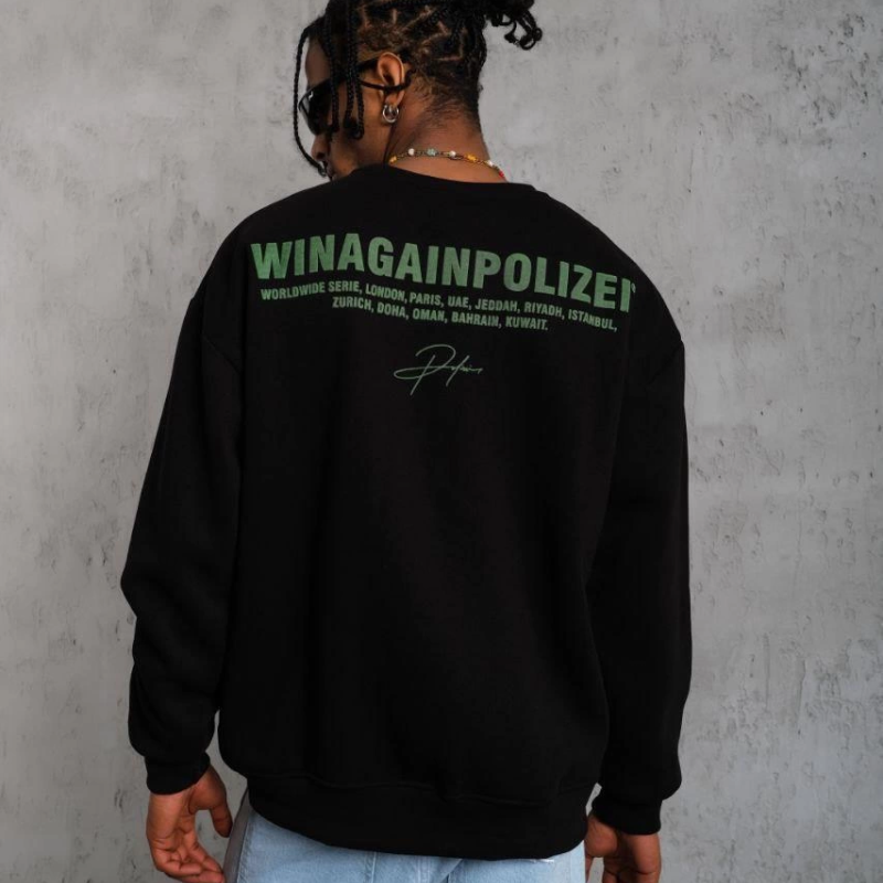 Oversize Sweatshirt – Siyah Renk | Ön ve Sırt Baskılı, Üç İplik İçi Pamuklu Kumaş, Rahat Kalıp, Ribanalı Kışlık Sweat | Winagain Polizei Serisi - Siyah