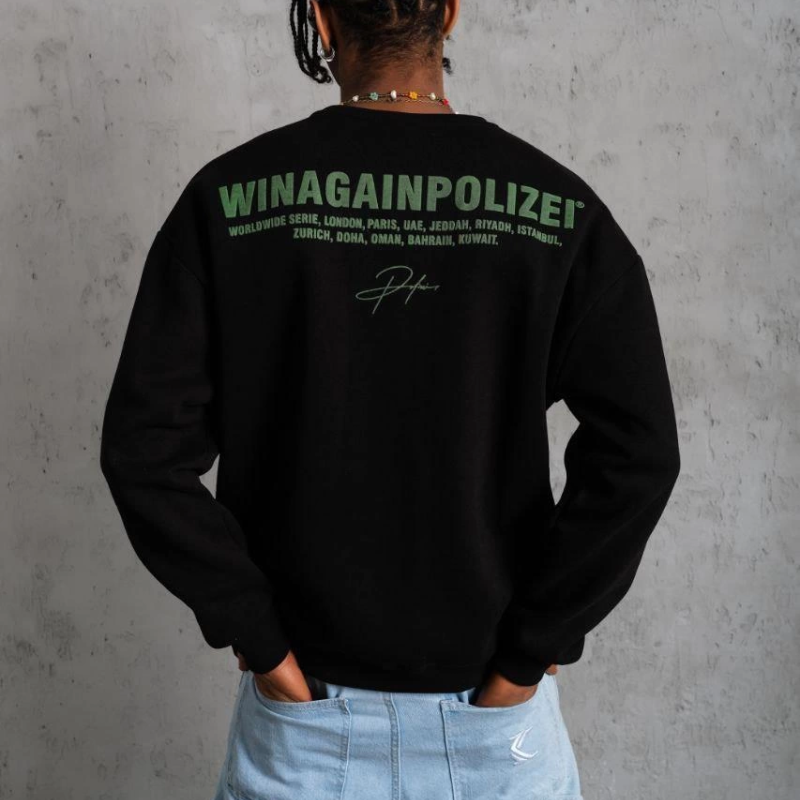 Oversize Sweatshirt – Siyah Renk | Ön ve Sırt Baskılı, Üç İplik İçi Pamuklu Kumaş, Rahat Kalıp, Ribanalı Kışlık Sweat | Winagain Polizei Serisi - Siyah