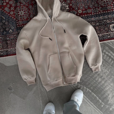 Oversize Tam Fermuarlı Uzun Kol Hırka - Bej -