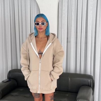 Oversize Tam Fermuarlı Uzun Kol Hırka - Bej -