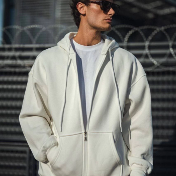 Oversize Tam Fermuarlı Uzun Kol Hırka - Beyaz