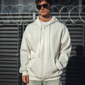 Oversize Tam Fermuarlı Uzun Kol Hırka - Beyaz