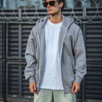 Oversize Tam Fermuarlı Uzun Kol Hırka - Gri