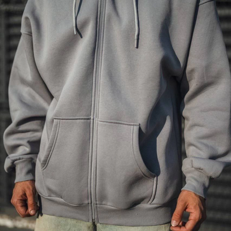 Oversize Tam Fermuarlı Uzun Kol Hırka - Gri