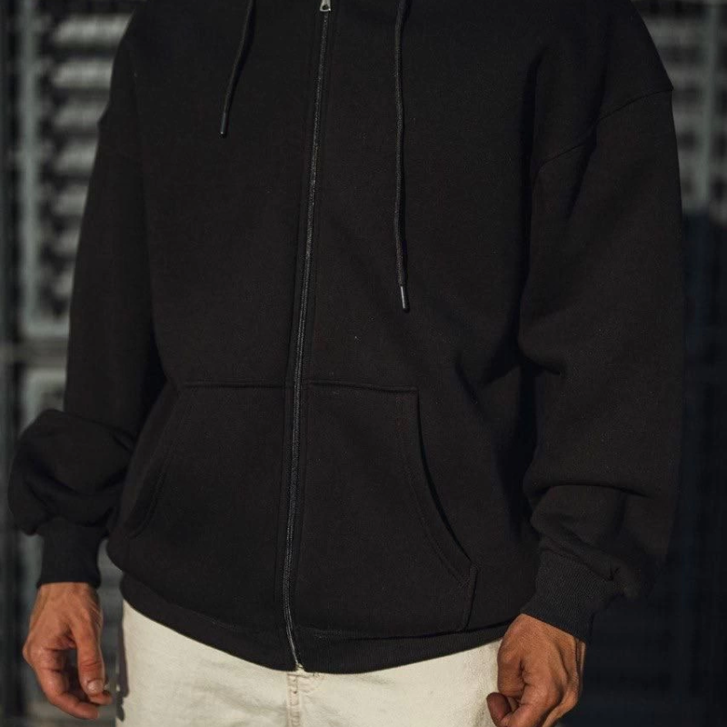 Oversize Tam Fermuarlı Uzun Kol Hırka - Siyah -