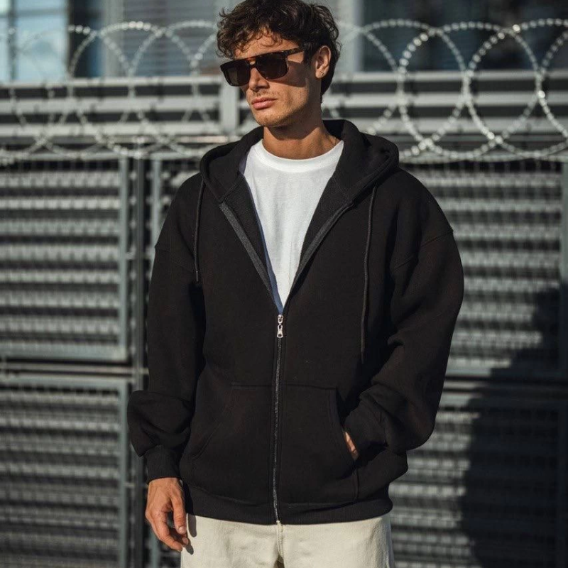 Oversize Tam Fermuarlı Uzun Kol Hırka - Siyah -