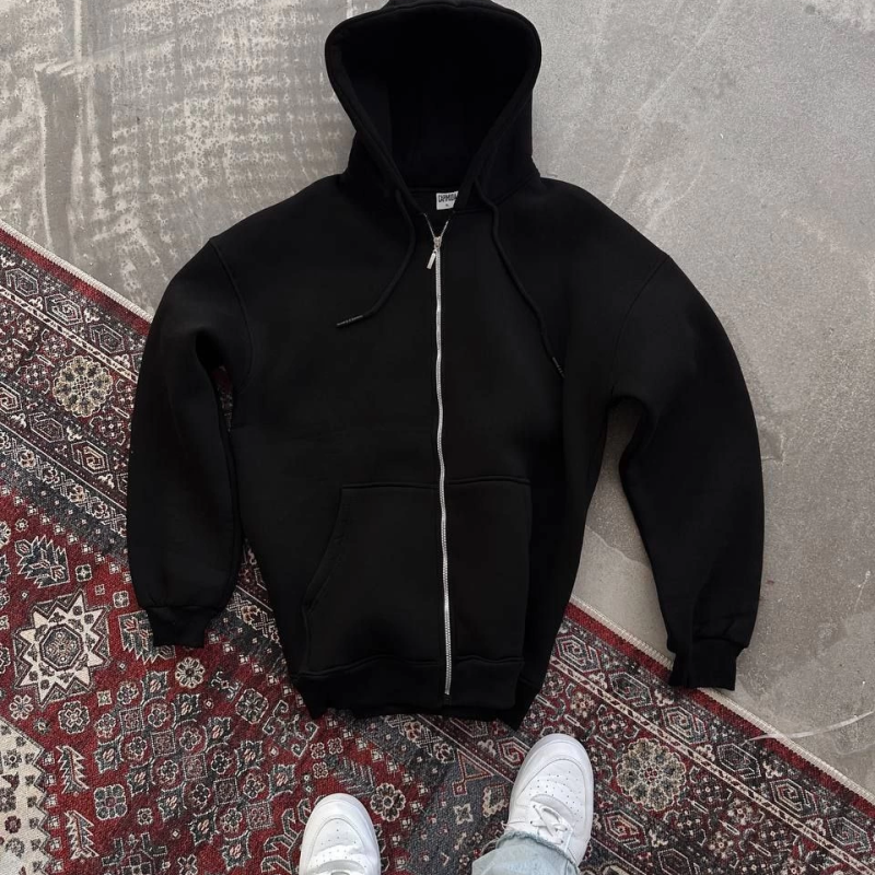Oversize Tam Fermuarlı Uzun Kol Hırka - Siyah -