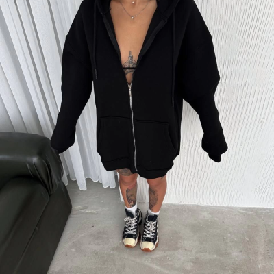 Oversize Tam Fermuarlı Uzun Kol Hırka - Siyah -