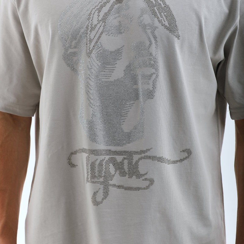 Oversize Taşlı Bisiklet Yaka T-Shirt - Gri -