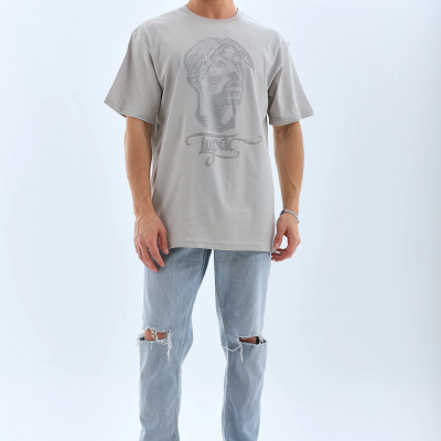 Oversize Taşlı Bisiklet Yaka T-Shirt - Gri -