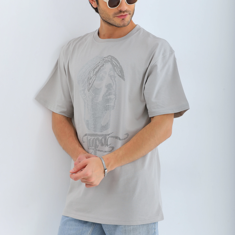 Oversize Taşlı Bisiklet Yaka T-Shirt - Gri -