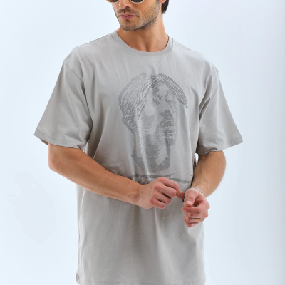 Oversize Taşlı Bisiklet Yaka T-Shirt - Gri -