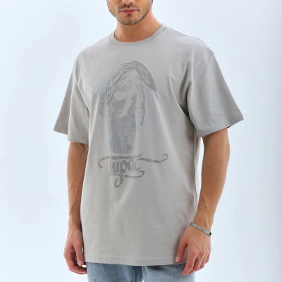 Oversize Taşlı Bisiklet Yaka T-Shirt - Gri -