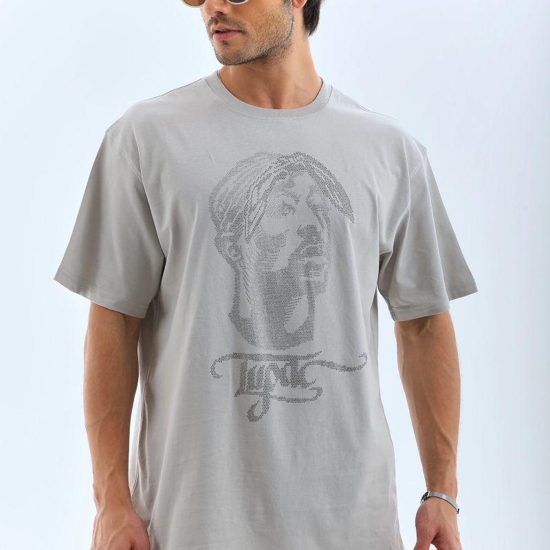 Oversize Taşlı Bisiklet Yaka T-Shirt - Gri -