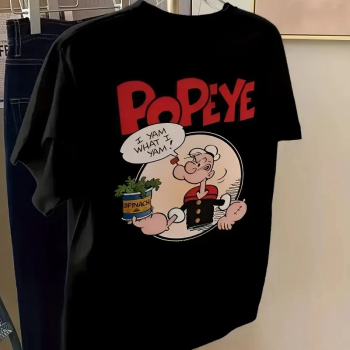 Oversize Tişörtü Popeye the Sailor Retro Vintage Ispanak - Siyah -