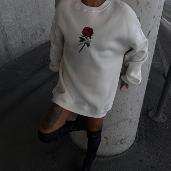 Oversize Üç İplik Bisiklet Yaka Baskılı SweatShirt - Beyaz -