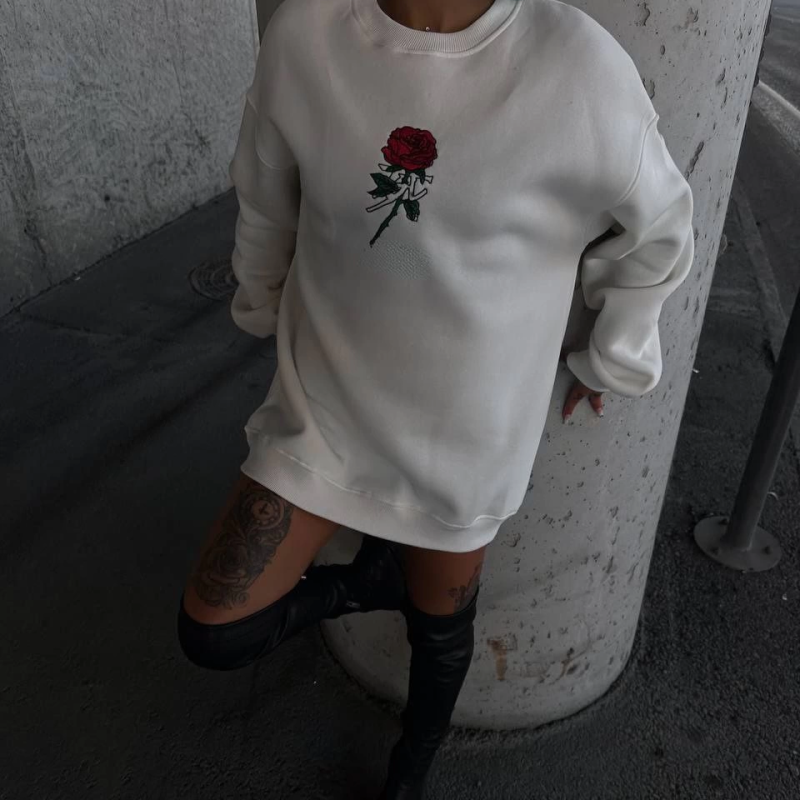 Oversize Üç İplik Bisiklet Yaka Baskılı SweatShirt - Beyaz -