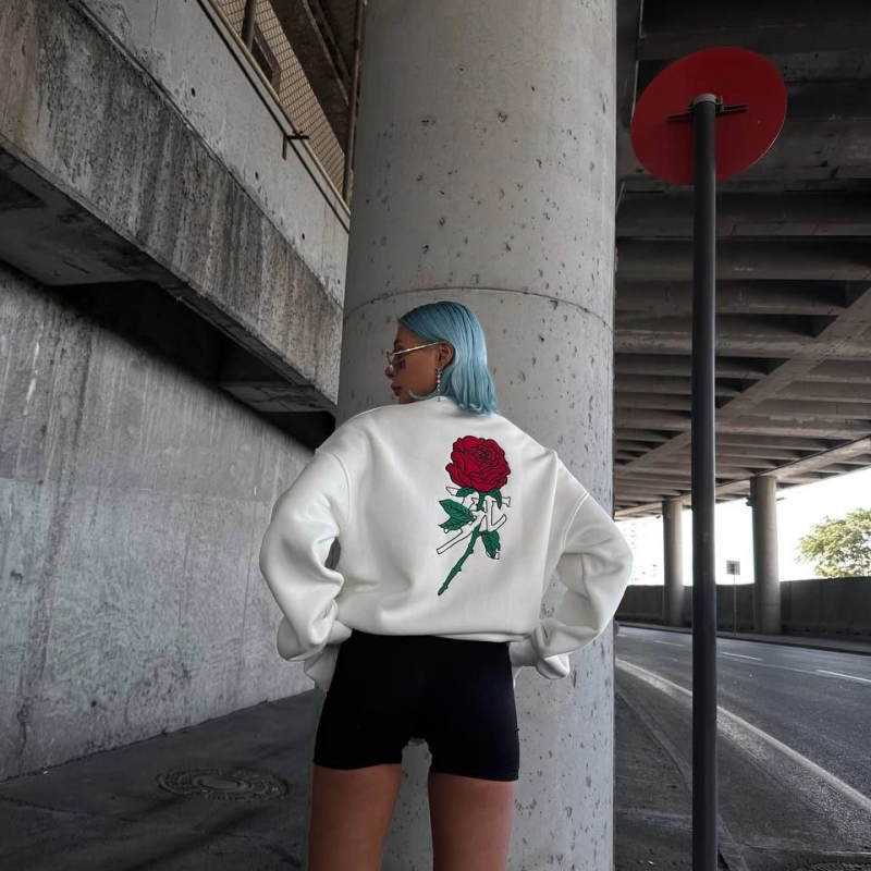 Oversize Üç İplik Bisiklet Yaka Baskılı SweatShirt - Beyaz -