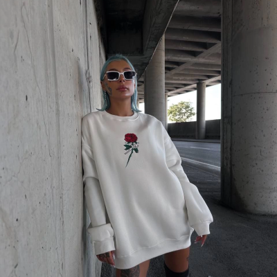 Oversize Üç İplik Bisiklet Yaka Baskılı SweatShirt - Beyaz -