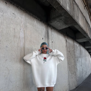 Oversize Üç İplik Bisiklet Yaka Baskılı SweatShirt - Beyaz -