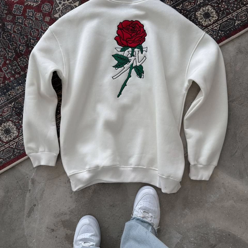Oversize Üç İplik Bisiklet Yaka Baskılı SweatShirt - Beyaz -