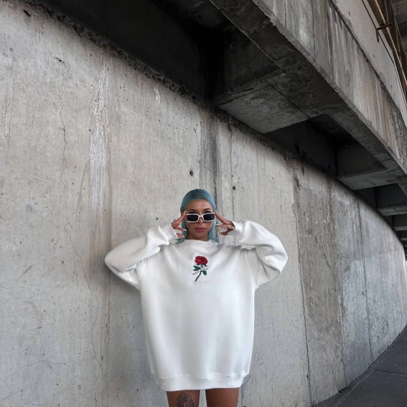 Oversize Üç İplik Bisiklet Yaka Baskılı SweatShirt - Beyaz -