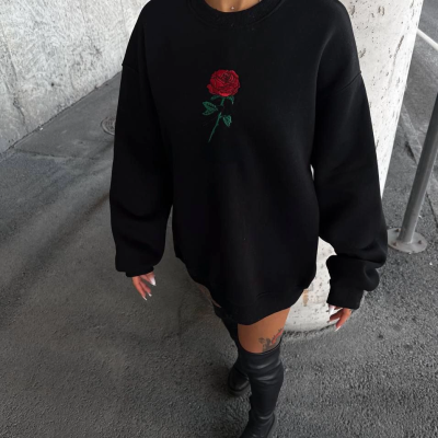 Oversize Üç İplik Bisiklet Yaka Baskılı SweatShirt - Siyah -