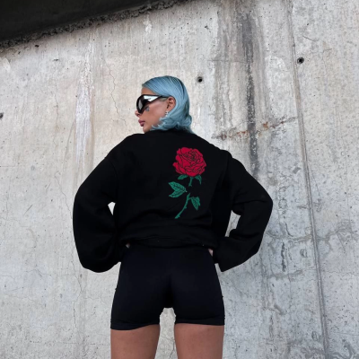 Oversize Üç İplik Bisiklet Yaka Baskılı SweatShirt - Siyah -