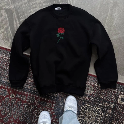 Oversize Üç İplik Bisiklet Yaka Baskılı SweatShirt - Siyah -