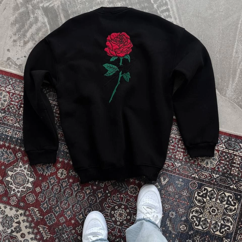 Oversize Üç İplik Bisiklet Yaka Baskılı SweatShirt - Siyah -