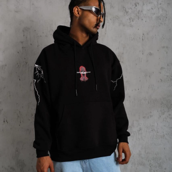 Oversize Üç İplik Kapüşonlu Sweatshirt – Siyah “Don’t Be Terrified” Ön, Sırt ve Kol Baskılı, Kanguru Cepli, Ribanalı Rahat Model- Siyah -