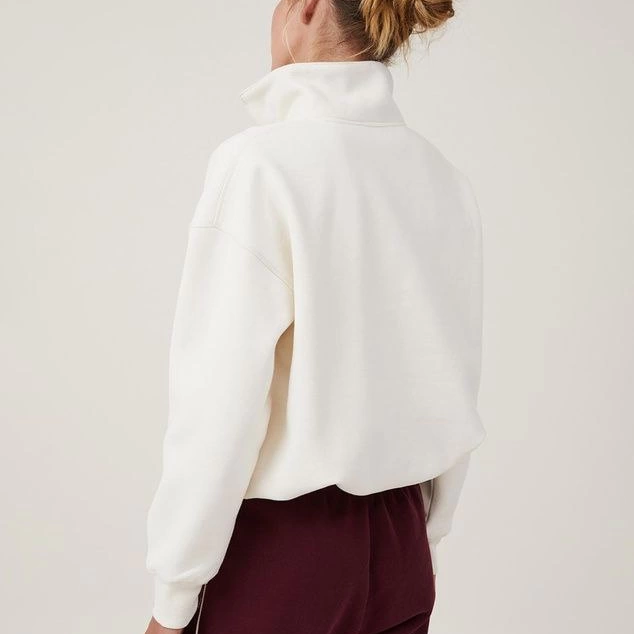 Oversize Yarım Farmuarlı Yakalı Basic SweatShirt - Beyaz -