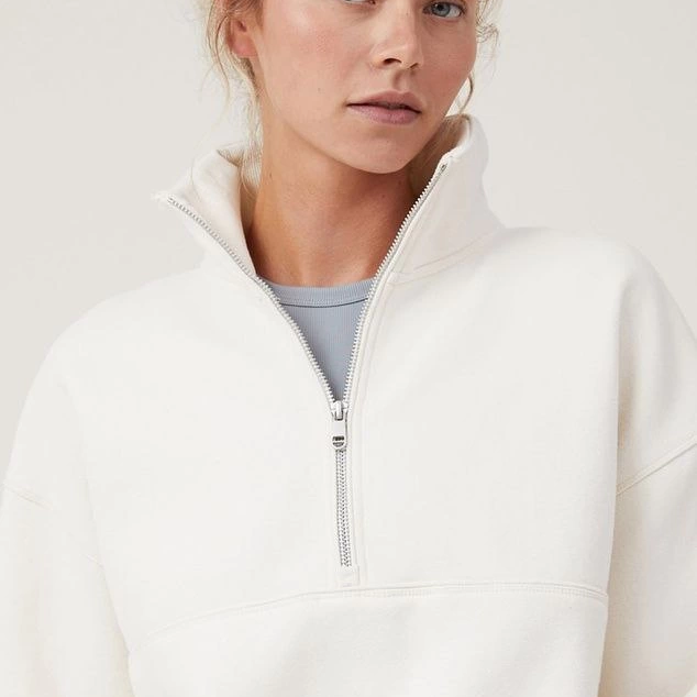 Oversize Yarım Farmuarlı Yakalı Basic SweatShirt - Beyaz -