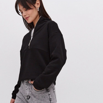 Oversize Yarım Farmuarlı Yakalı Basic SweatShirt - Siyah -