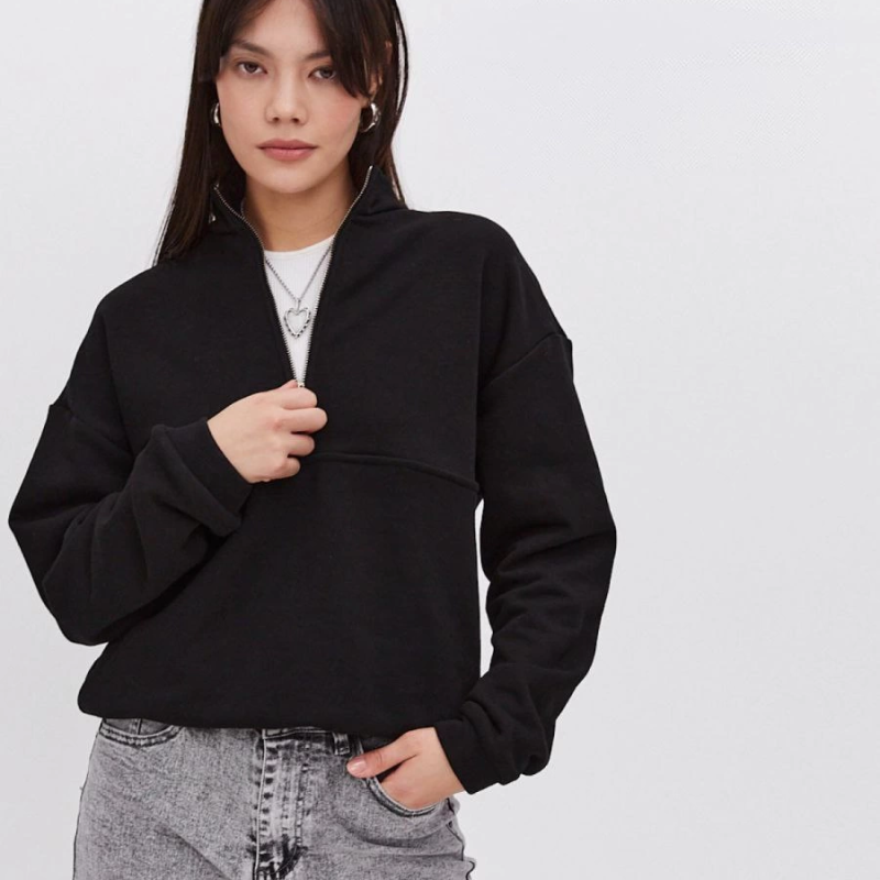 Oversize Yarım Farmuarlı Yakalı Basic SweatShirt - Siyah -