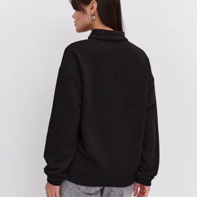 Oversize Yarım Farmuarlı Yakalı Basic SweatShirt - Siyah -