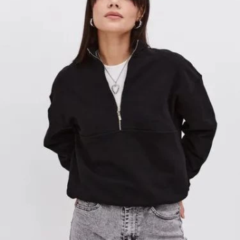 Oversize Yarım Farmuarlı Yakalı Basic SweatShirt - Siyah -