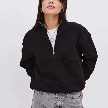 Oversize Yarım Farmuarlı Yakalı Basic SweatShirt - Siyah -