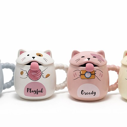 Özel Tasarım 3D Kedi Figürlü Kapaklı Kaşıklı Kupa Bardak 