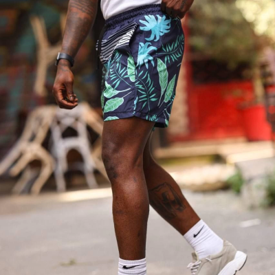 Palmiye Desenli Deniz Cepli Şort - Mavi -