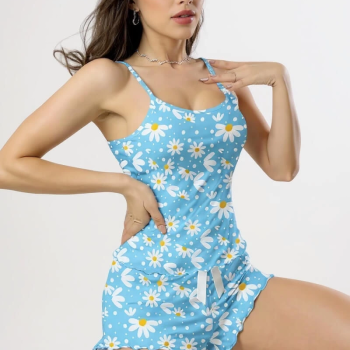 Papatya Baskılı Mavi Askılı Şortlu Pijama Takımı Açık Mavi